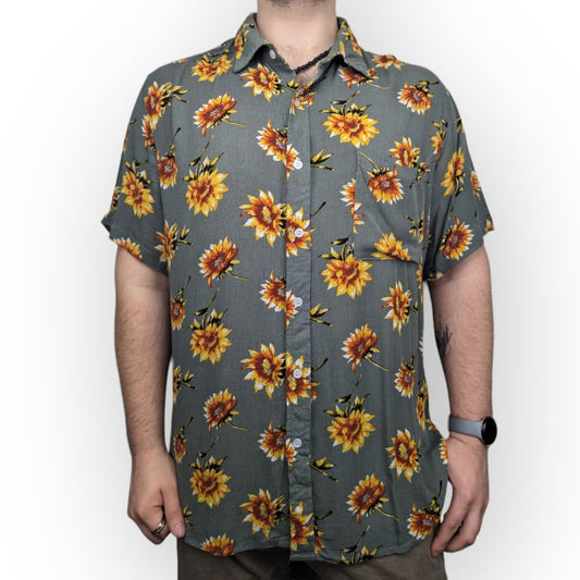 Fashion Vintage Grey Sunflower Print Short Sleeve Casual Shirt Men Size Large