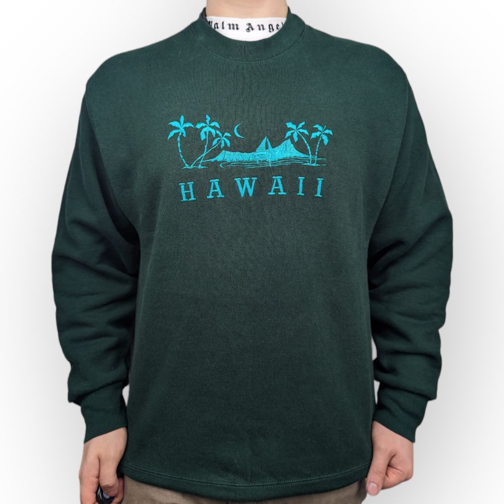 Pro Player Vintage Hawaii Embroidered Green Crew Neck Sweatshirt Men Size Large