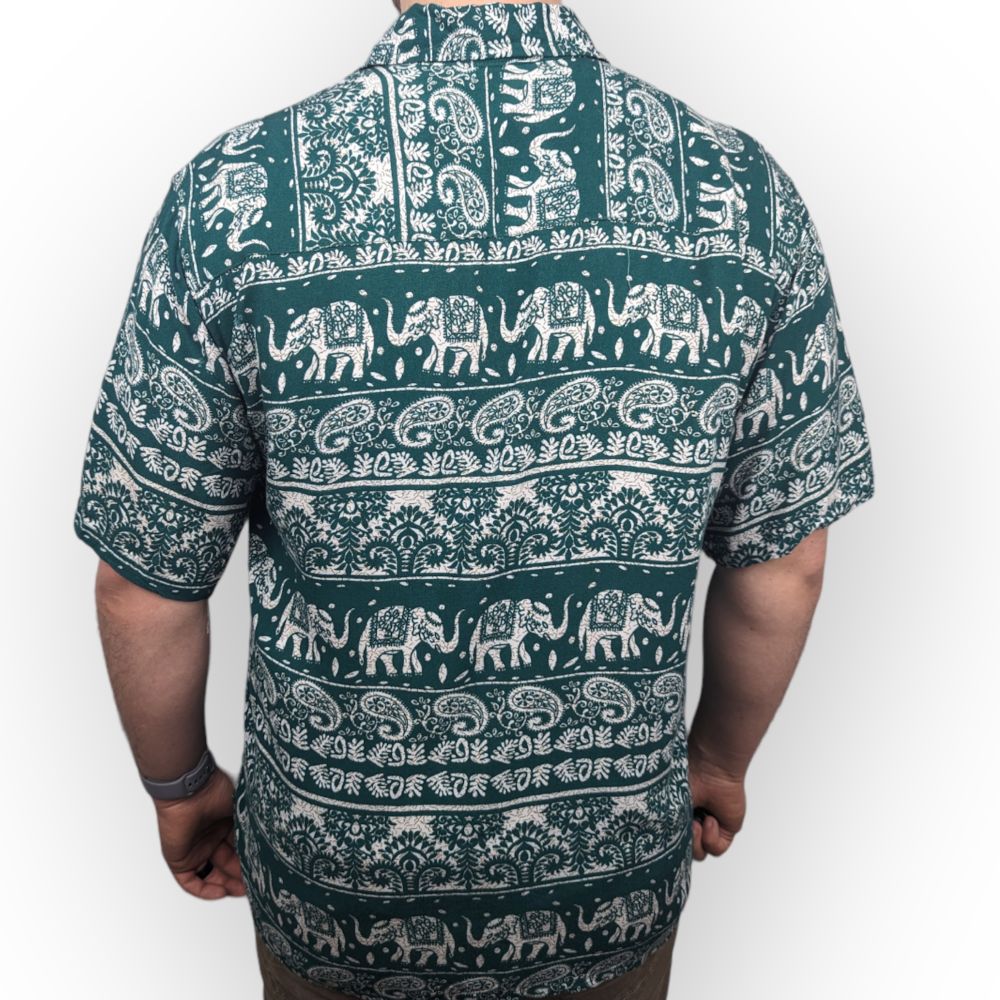 Vintage Ethnic Elephant Paisley Print Green Hawaiian Shirt Men Size Large