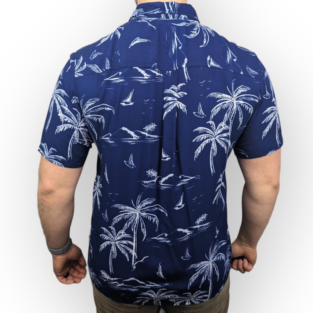 Nordam Blue Palm Tree Print Haiwaiian Shirt Men Size Large