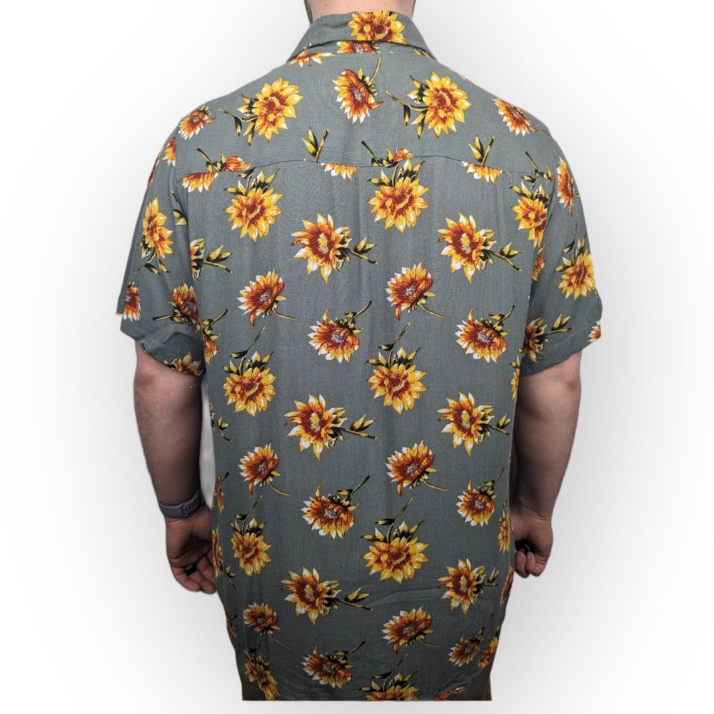 Fashion Vintage Grey Sunflower Print Short Sleeve Casual Shirt Men Size Large