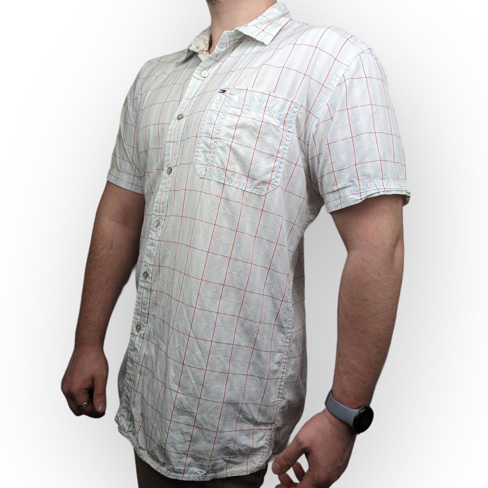 Tommy Hilfiger Vintage White Cotton Checked Short Sleeve Shirt Men 2XL