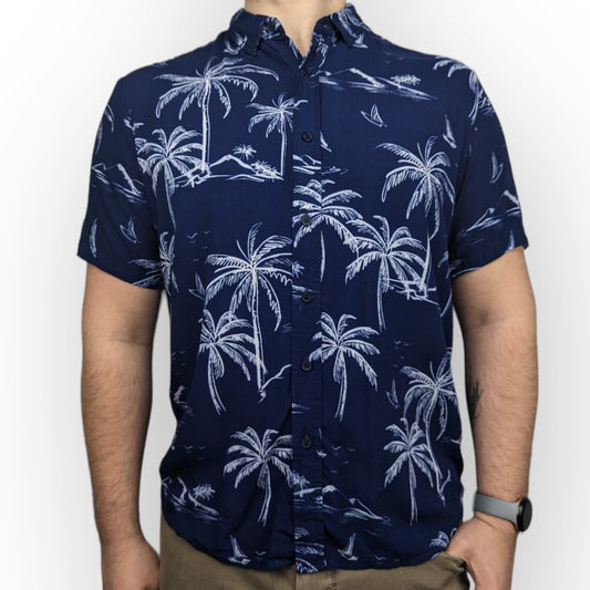 Nordam Blue Palm Tree Print Haiwaiian Shirt Men Size Large