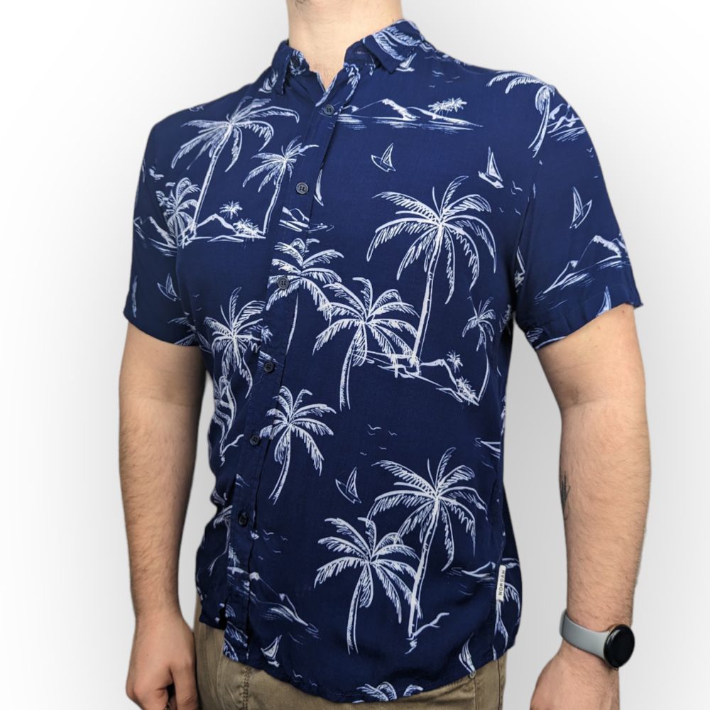 Nordam Blue Palm Tree Print Haiwaiian Shirt Men Size Large
