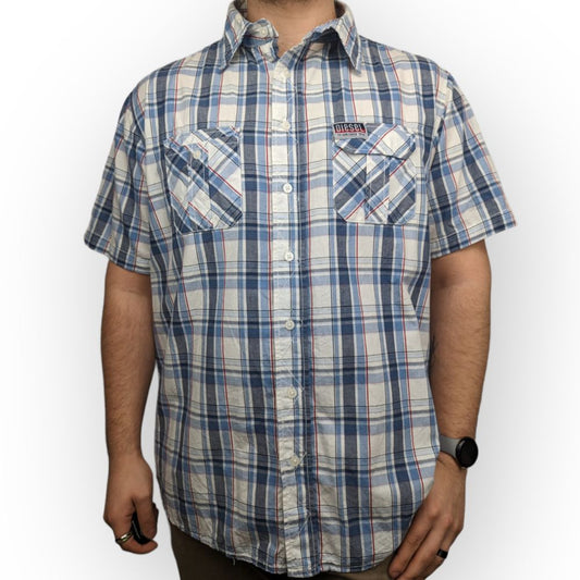 Diesel Vintage Blue Plaid Cotton Short Sleeve Shirt Men Size XL