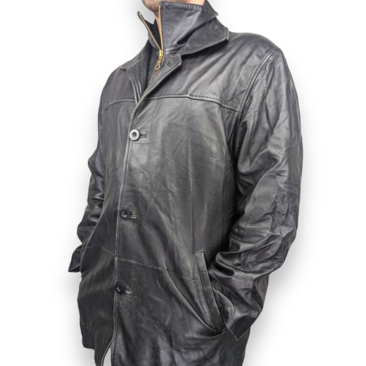 Jabbari Vintage Black Button Collar Real Leather Jacket Coat Men Size XL