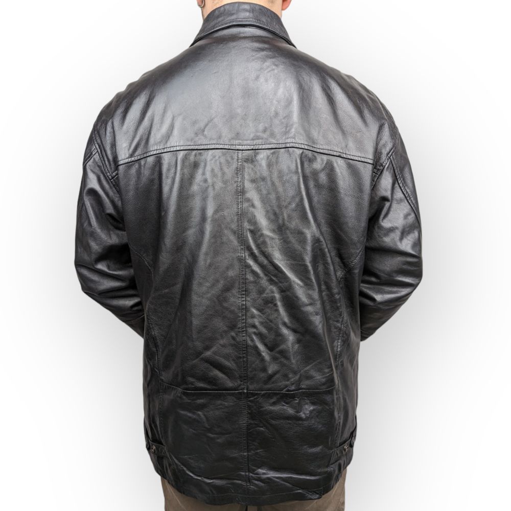 Modern Classic Black Button Up Leather Coat Men Size Large