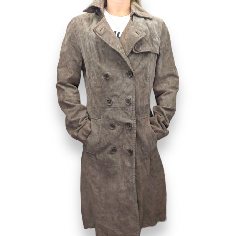 Savida Beige Buttons Suede Leather Trench Coat Women Size UK 12