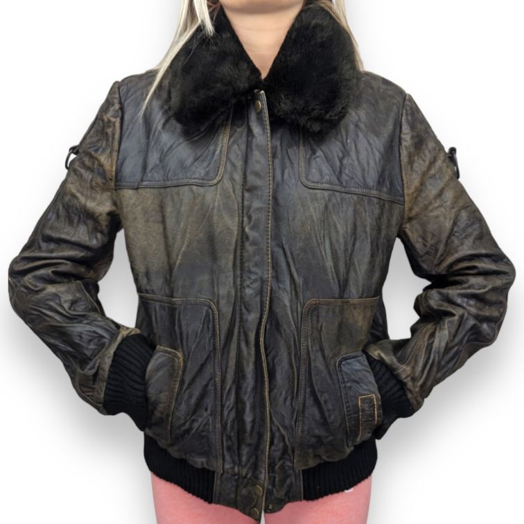 Pepe Jeans Vintage Fur Collar Brown Goat Leather Jacket Women Size XL