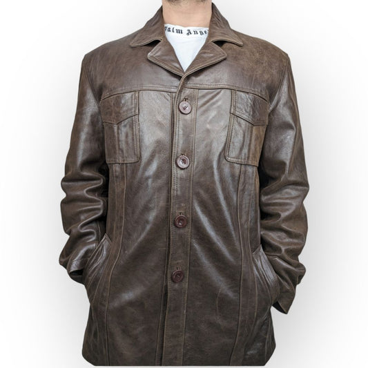 Aviatrix Vintage Brown Button Up Leather Coat Jacket Men Size XL