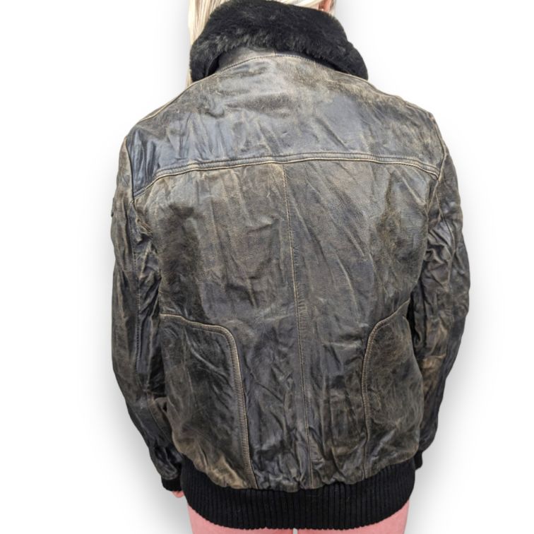 Pepe Jeans Vintage Fur Collar Brown Goat Leather Jacket Women Size XL