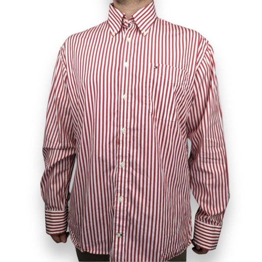 Tommy Hilfiger Red 80s Two Ply Cotton Long Sleeve Striped Shirt Men Size XL