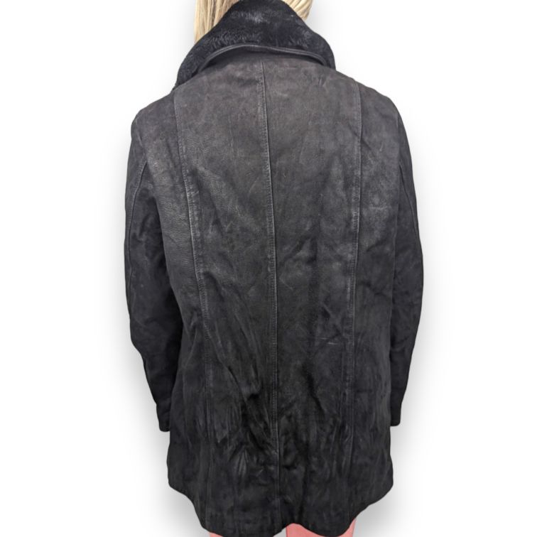 Vintage Black Zip Up Fur Collar Genuine Leather Jacket Coat Women Size UK 14