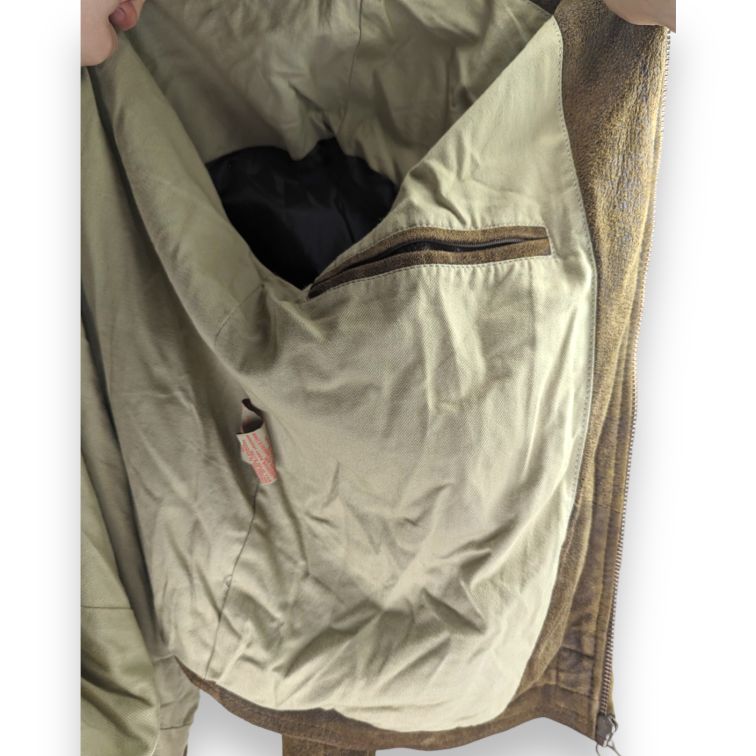 020 Vintage Brown Leather Bomber Jacket Men Size Large