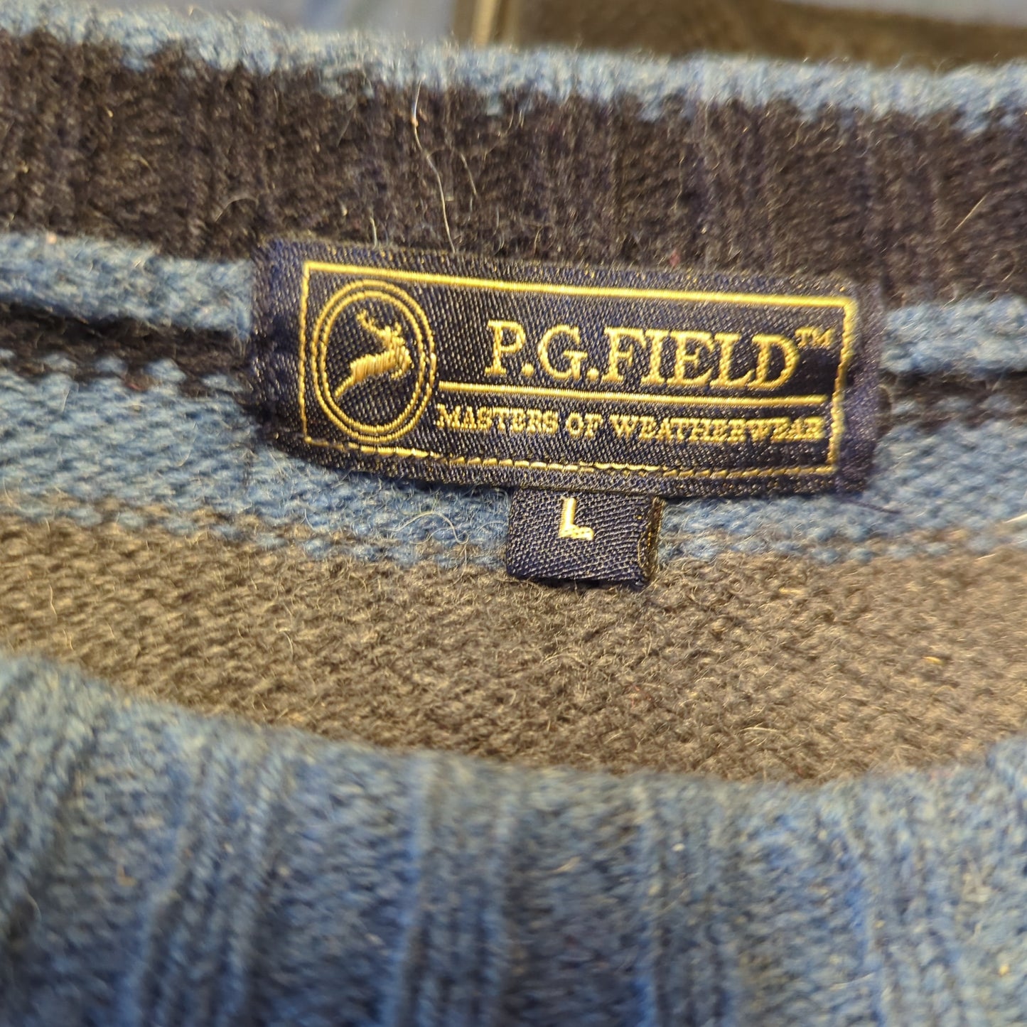 P.G Field Vintage Blue Stripped Crew Neck Wool Jumper Men Size Large