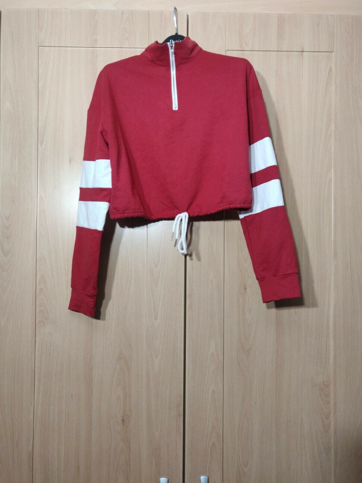 Varsity Striped Half-Zip Crop Top Red Women Size Small