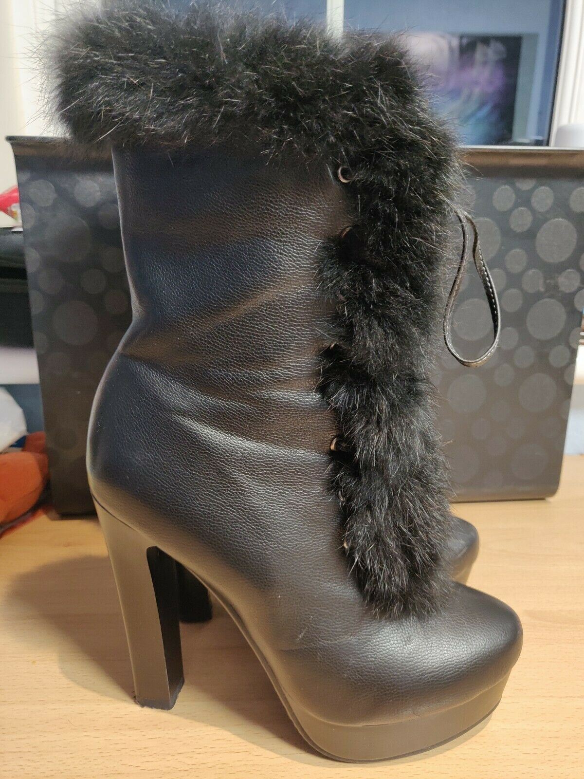 MekoMelo Black Zip Leather Boots Heel Ankle Black Fury Women Size UK 4