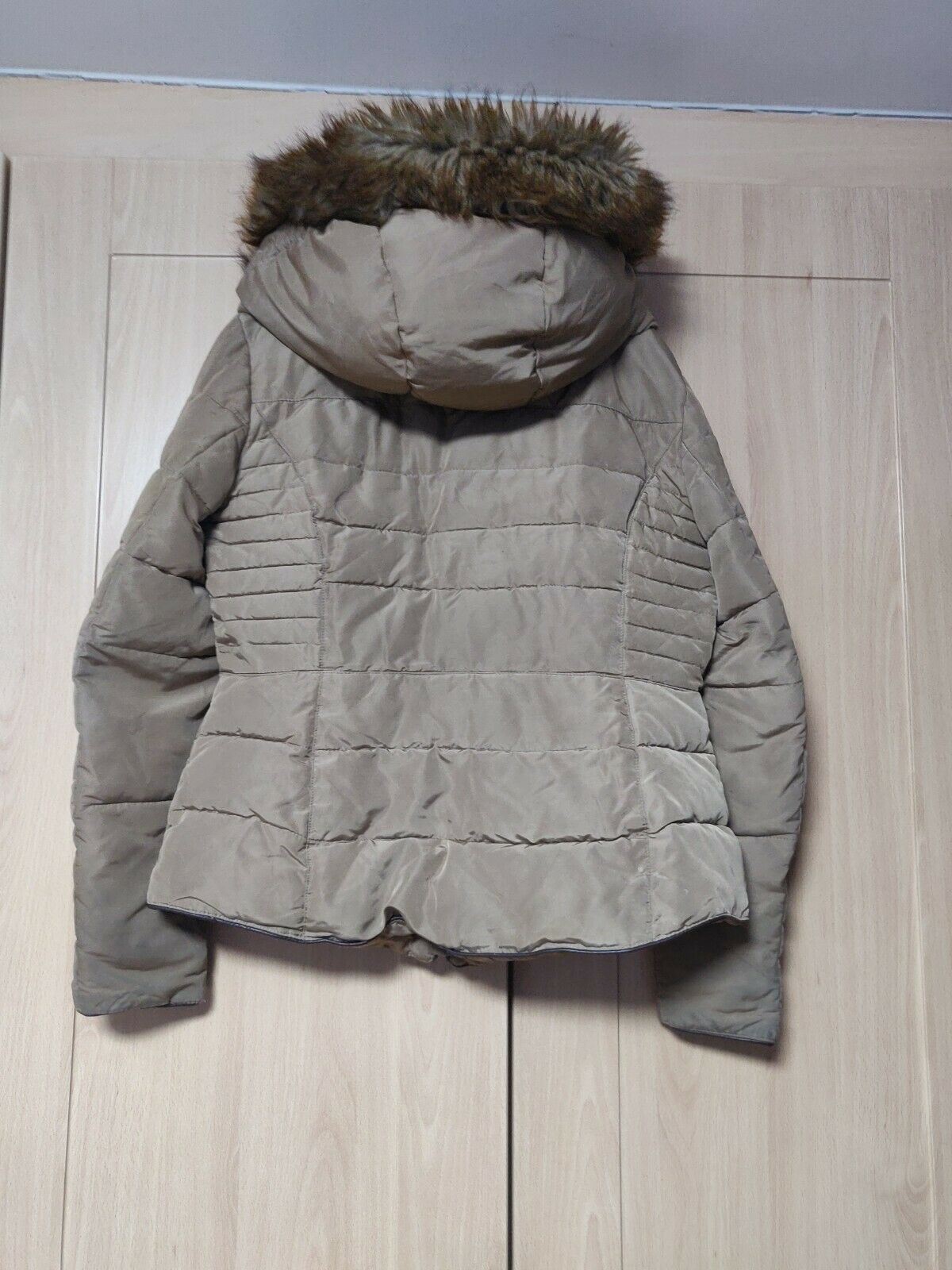 Zara Basic Beige Puffer jacket With Fur Lined Hood Women Size Large