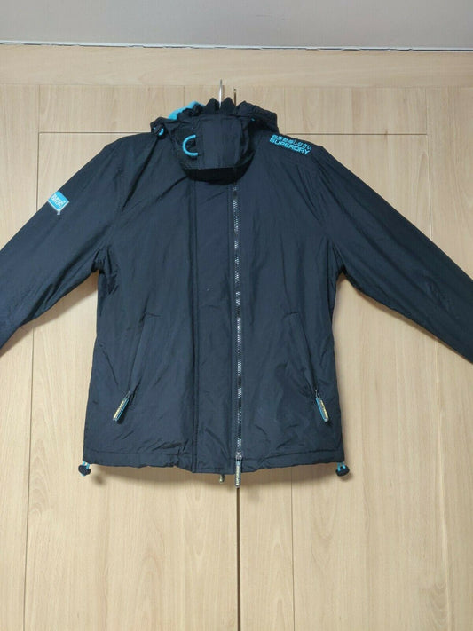 Superdry Original Windcheater Black Cyan Hooded Jacket Women Size UK 12