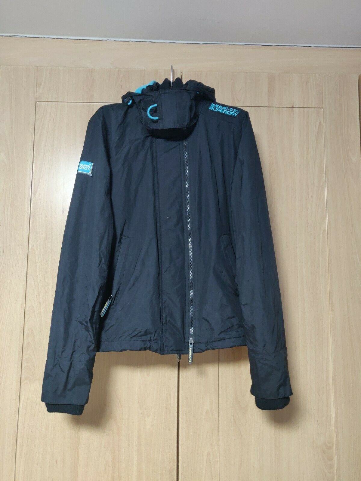 Superdry Original Windcheater Black Cyan Hooded Jacket Women Size UK 12