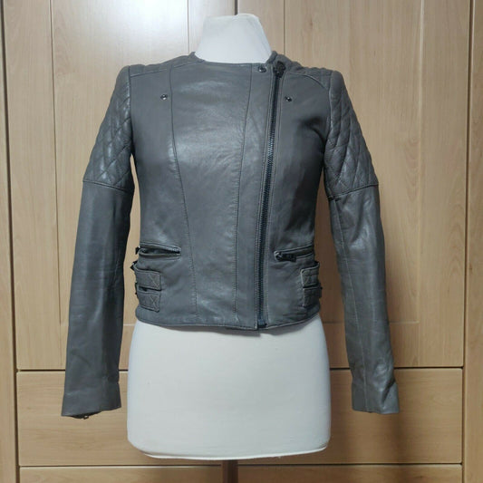 Massimo Dutti Grey Leather Jacket Women Size XS
