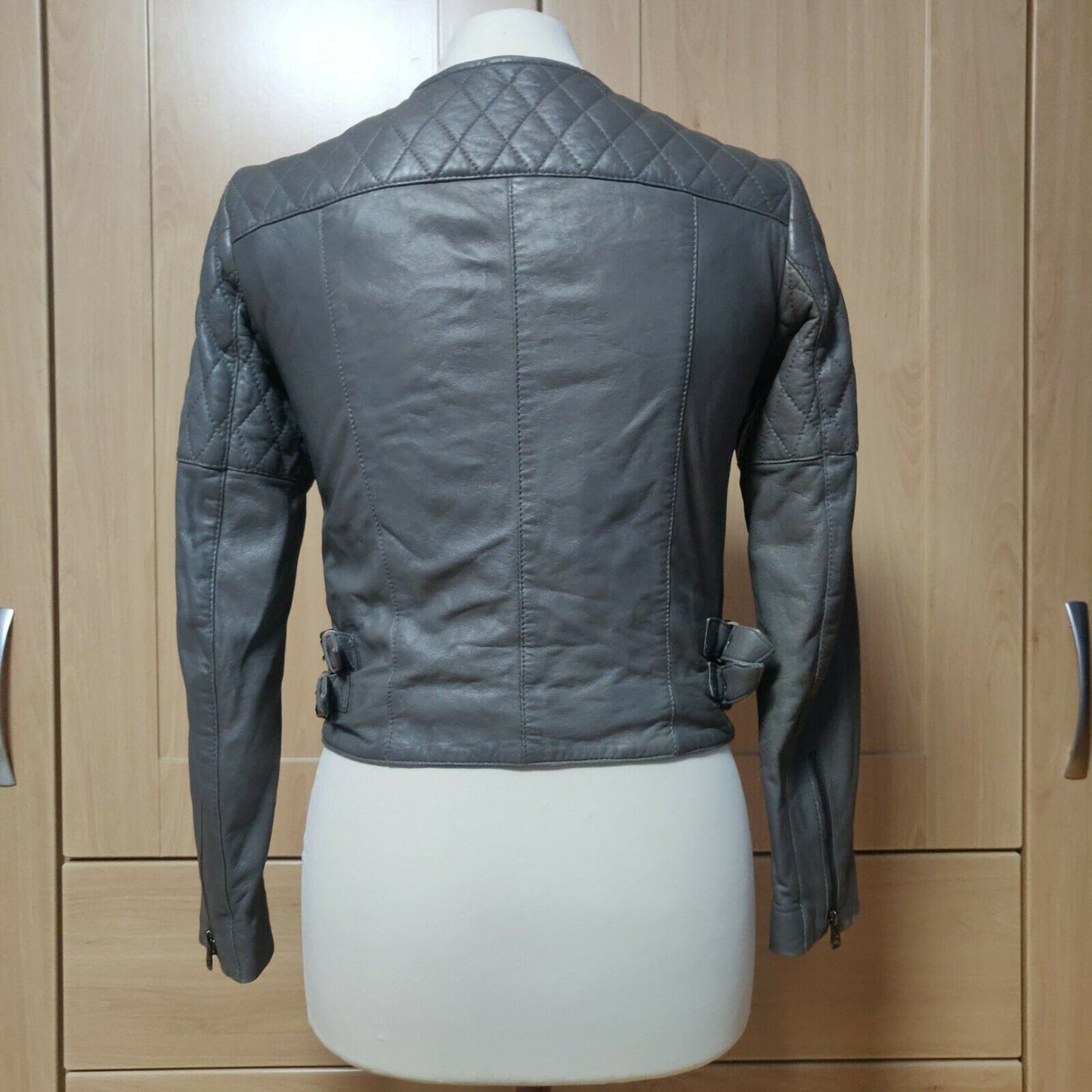 Massimo Dutti Grey Leather Jacket Women Size XS
