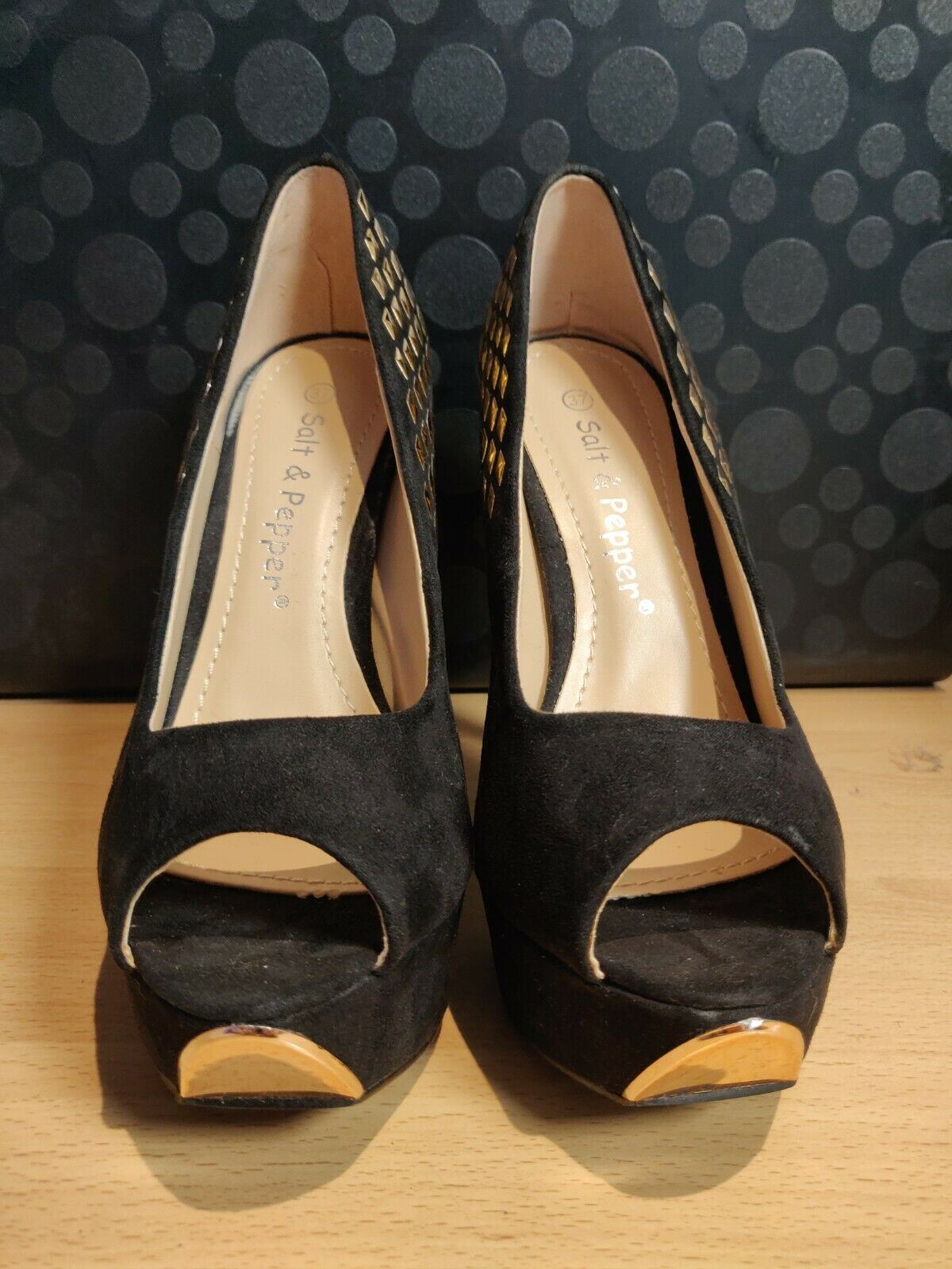 Salt and Pepper Black Leather Heels Women Size UK 4