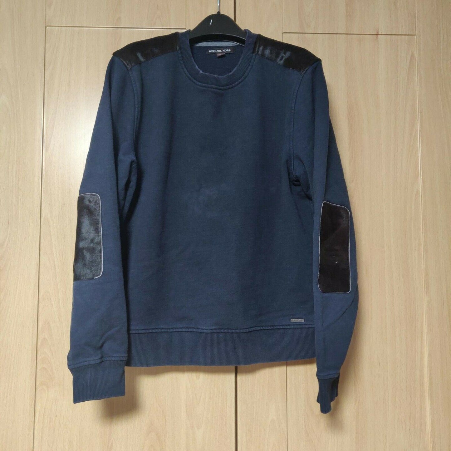 Michael Kors Navy Sweatshirt Crewneck Leather Shoulder Pads Men Size Large