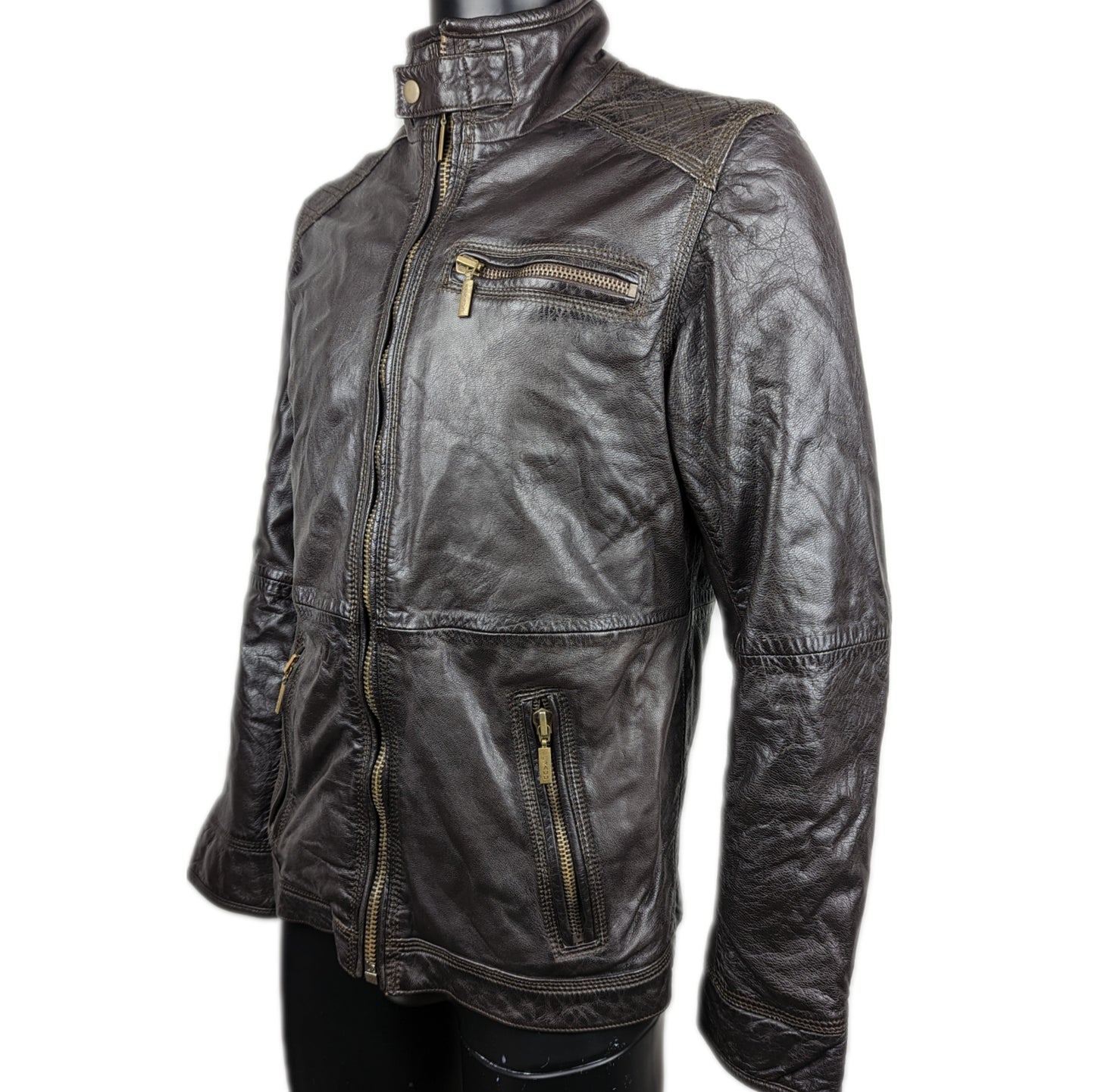 Feraud Brown Leather Motorcycle Biker Bomber Jacket Men Size Medium