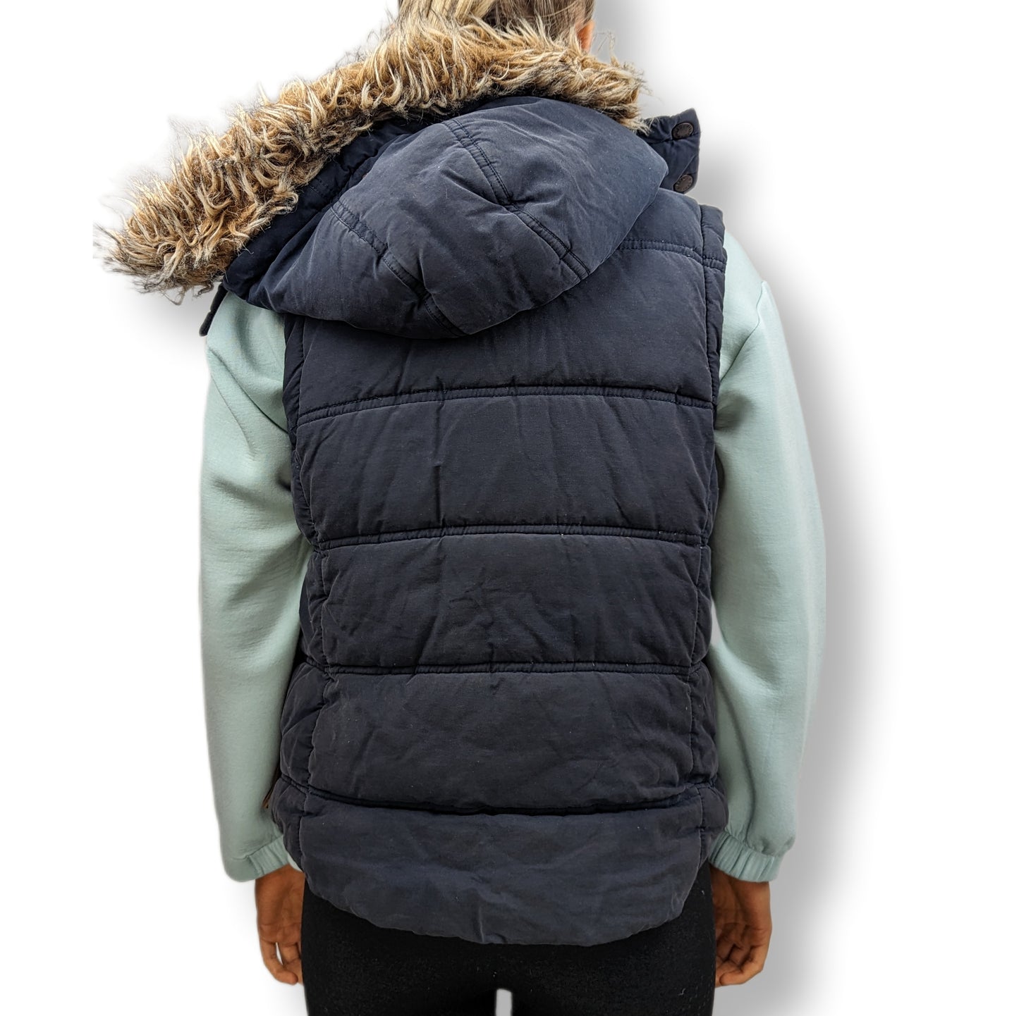 Diesel Vintage Navy Puffer Gilet Faux Fur Hood Women Size Small