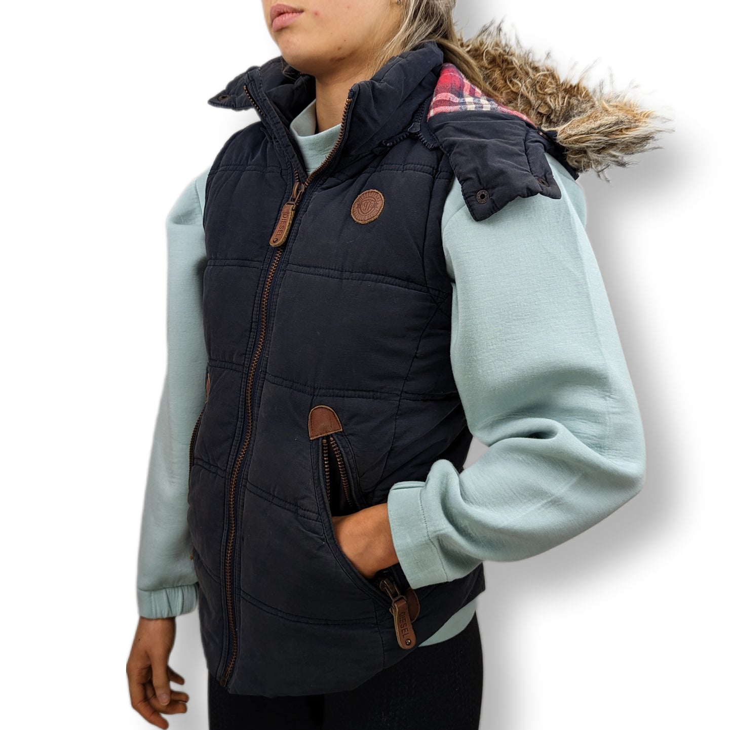 Diesel Vintage Navy Puffer Gilet Faux Fur Hood Women Size Small
