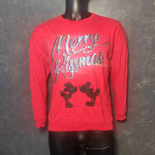 Disney Red Sweatshirt Pullover Long Sleeve "Merry Kissmas" Women Size UK 10