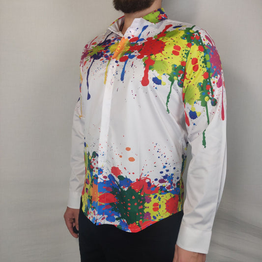 Ding Ge Fu Shi White Button Paint Shirt Men Size XL