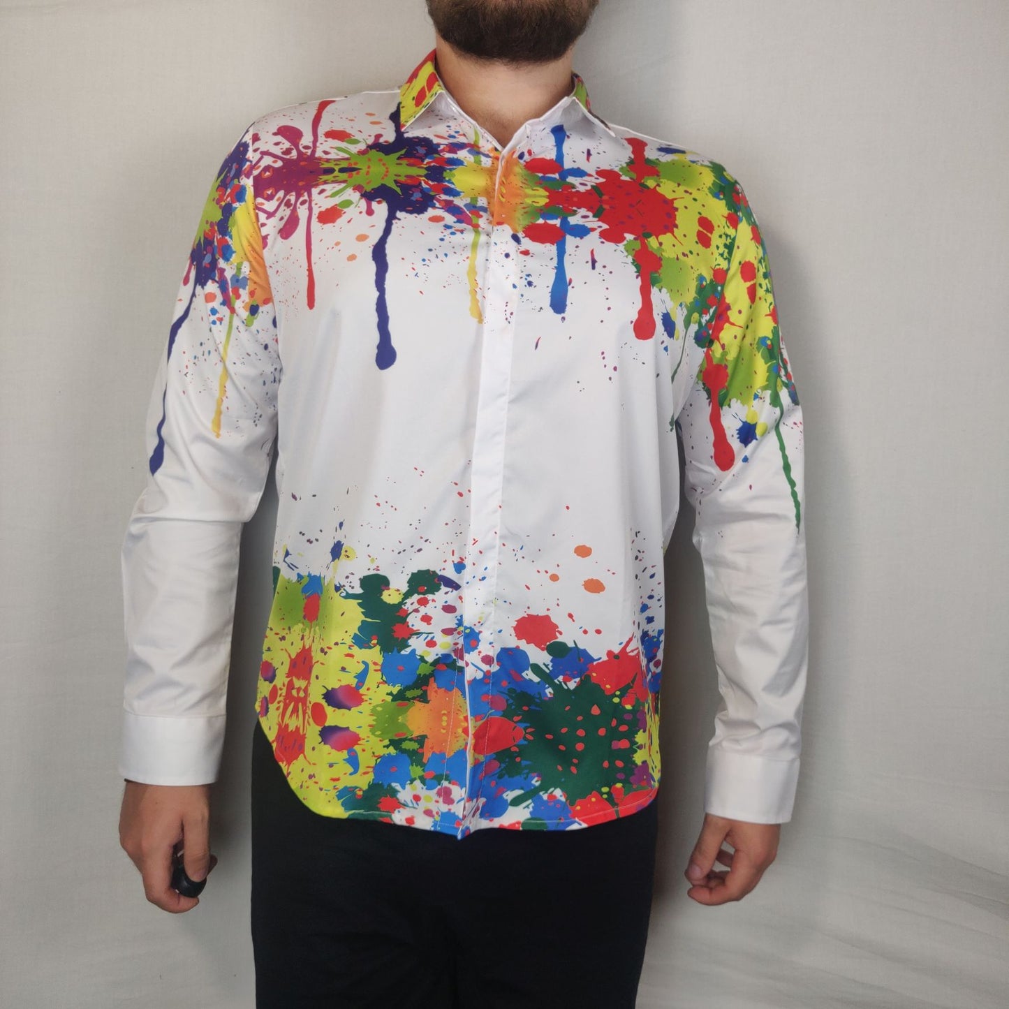 Ding Ge Fu Shi White Button Paint Shirt Men Size XL