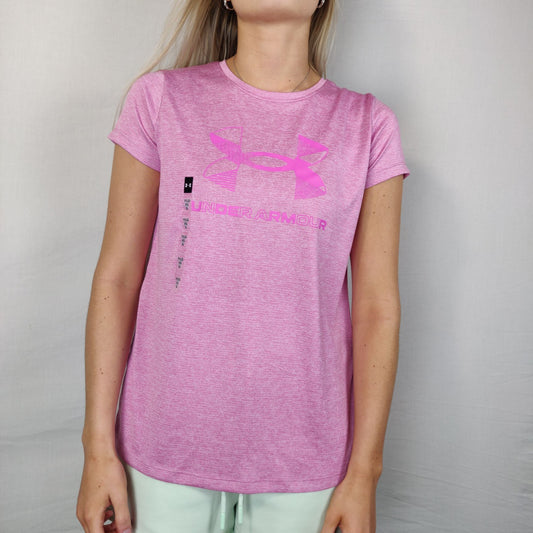 Under Armour Heatgear Pink Big Logo Tshirt Loose Fit Girls Size Large