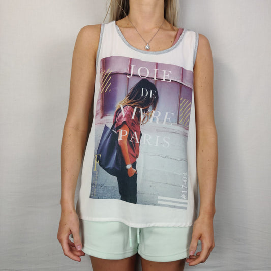 Dunnes White Grey Tank "Joie De Vivre" Women Size UK 8