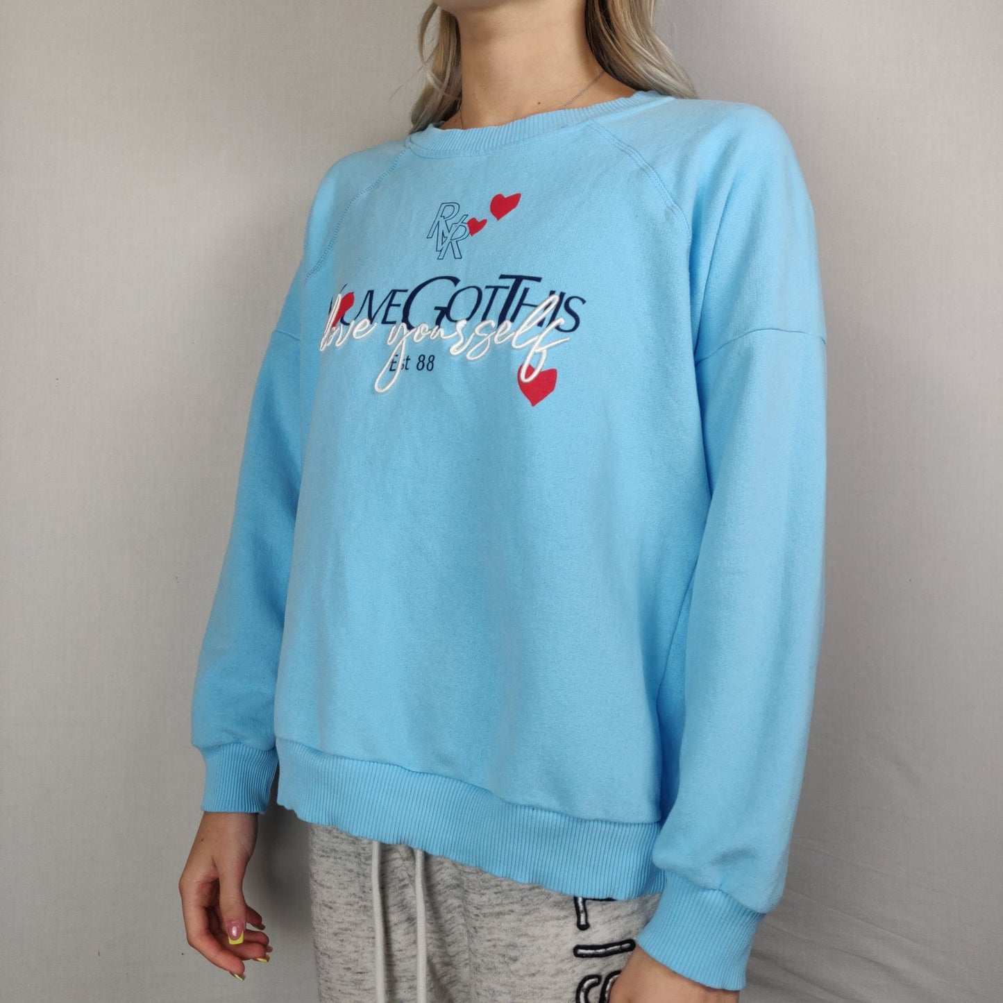 River Island Petite Blue Sweatshirt "Love Yourself" Women Size Medium