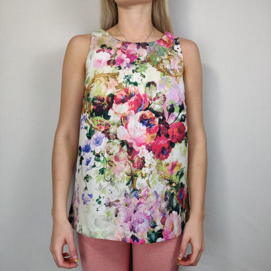 Glamorous White Floral Sleeveless Shirt Women Size Large