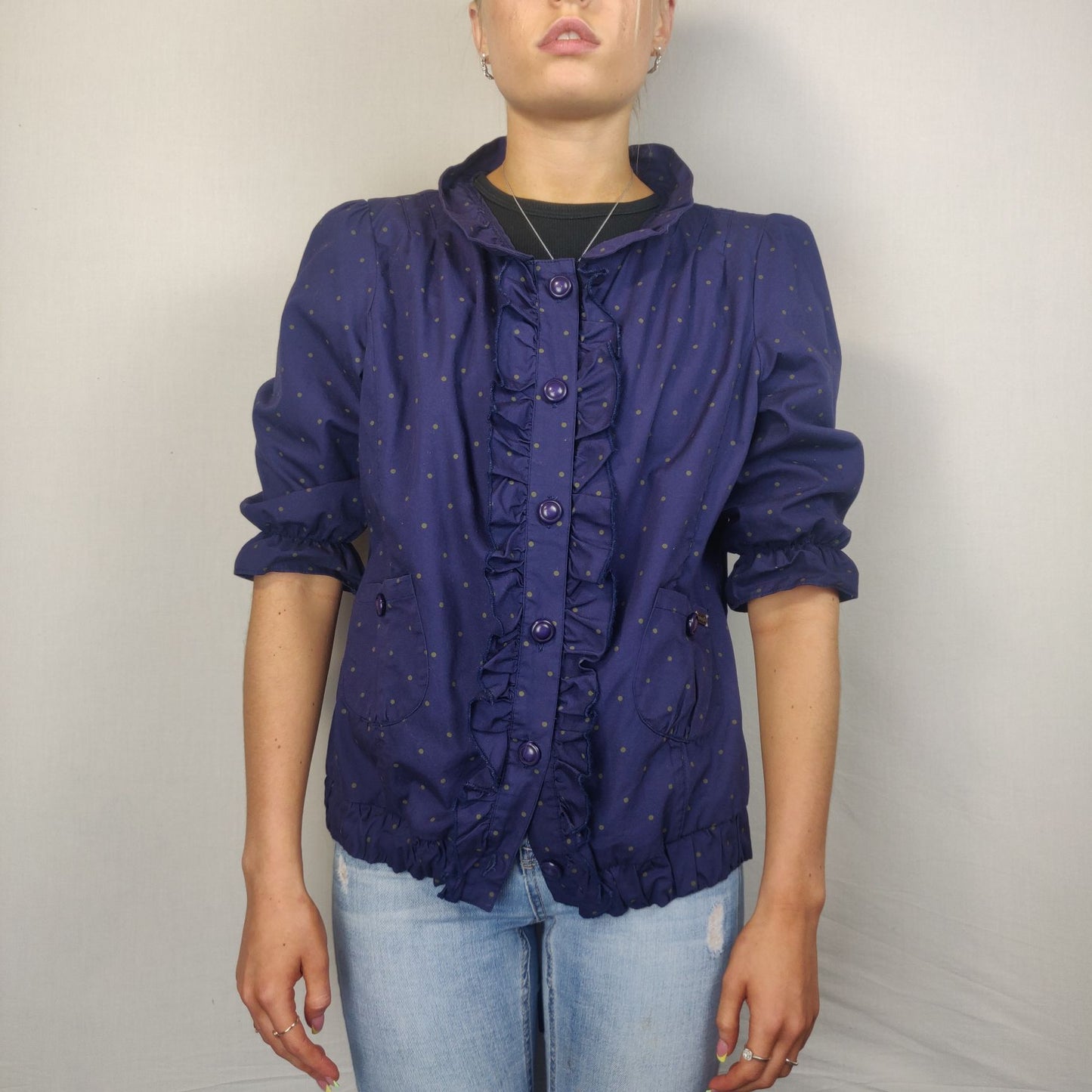 Numph Blue Button Blouse Short Sleeve Women Size UK 14