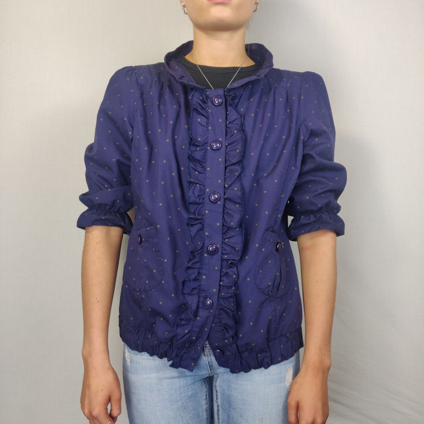 Numph Blue Button Blouse Short Sleeve Women Size UK 14