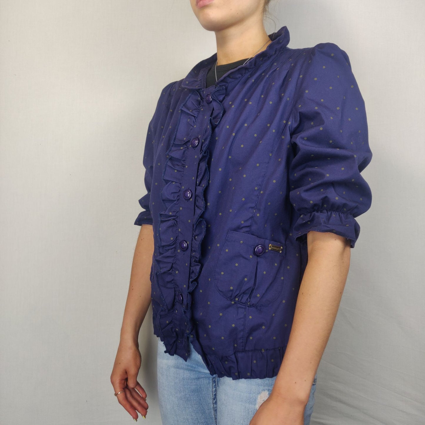 Numph Blue Button Blouse Short Sleeve Women Size UK 14