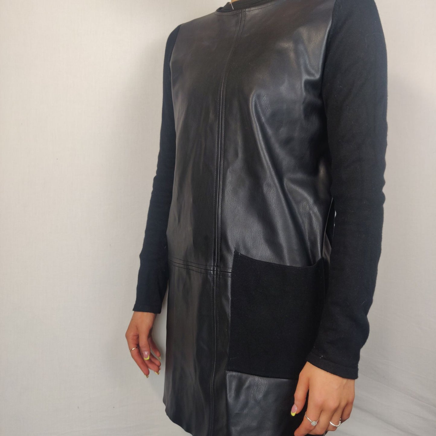 Zara knit Black Leather Sweater Dress Women Size Small