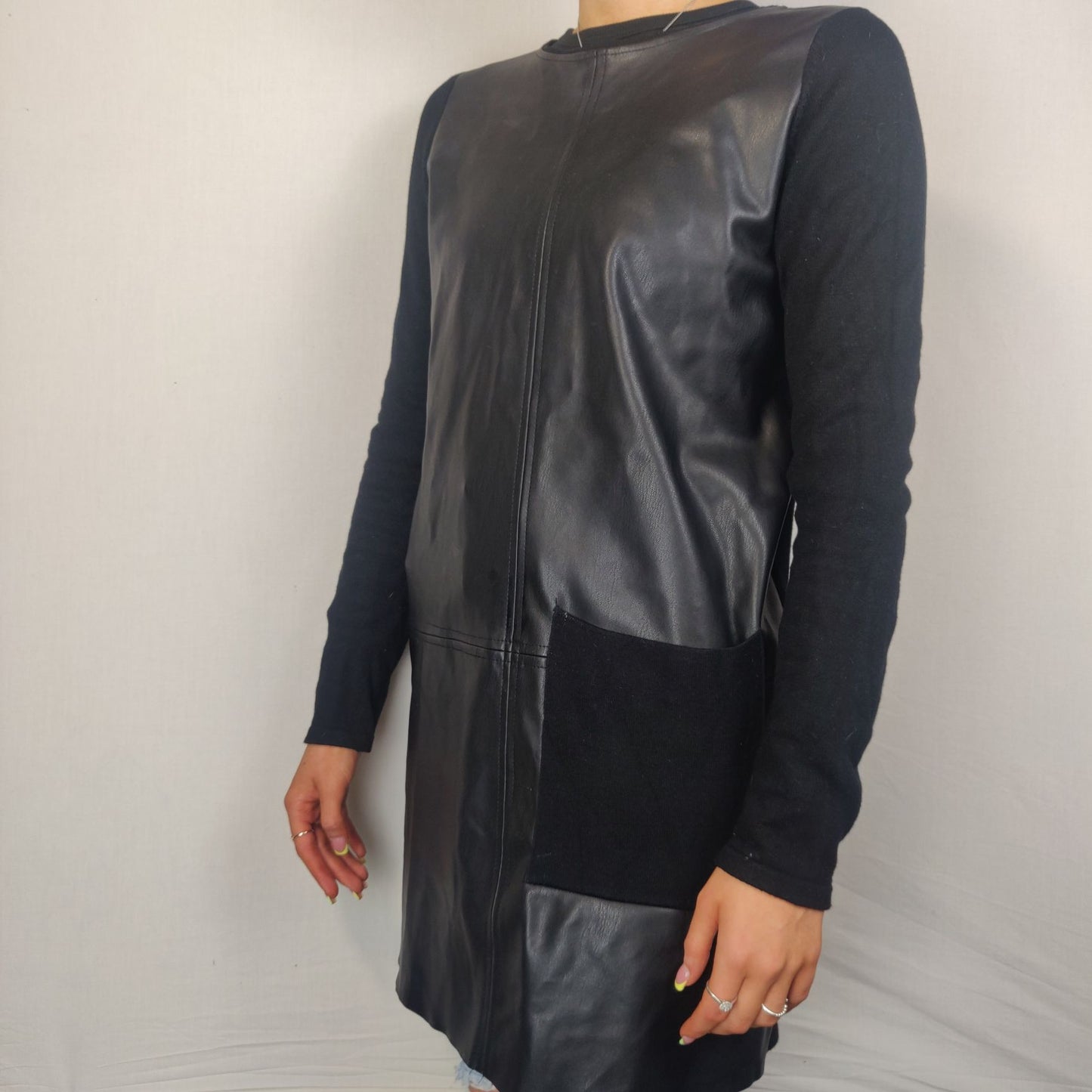Zara knit Black Leather Sweater Dress Women Size Small