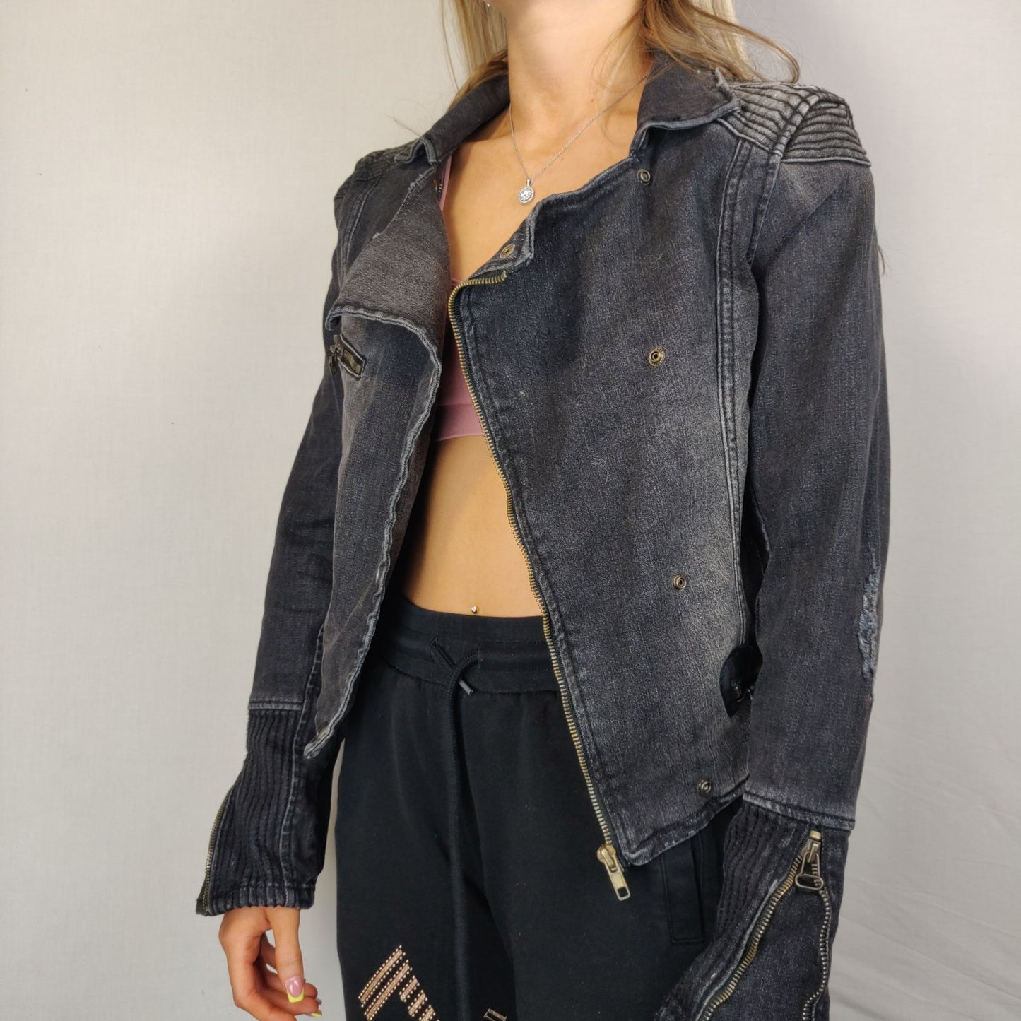 Sicko 19 Grey Basic Denim Jacket Long Sleeve Button Women Size Large