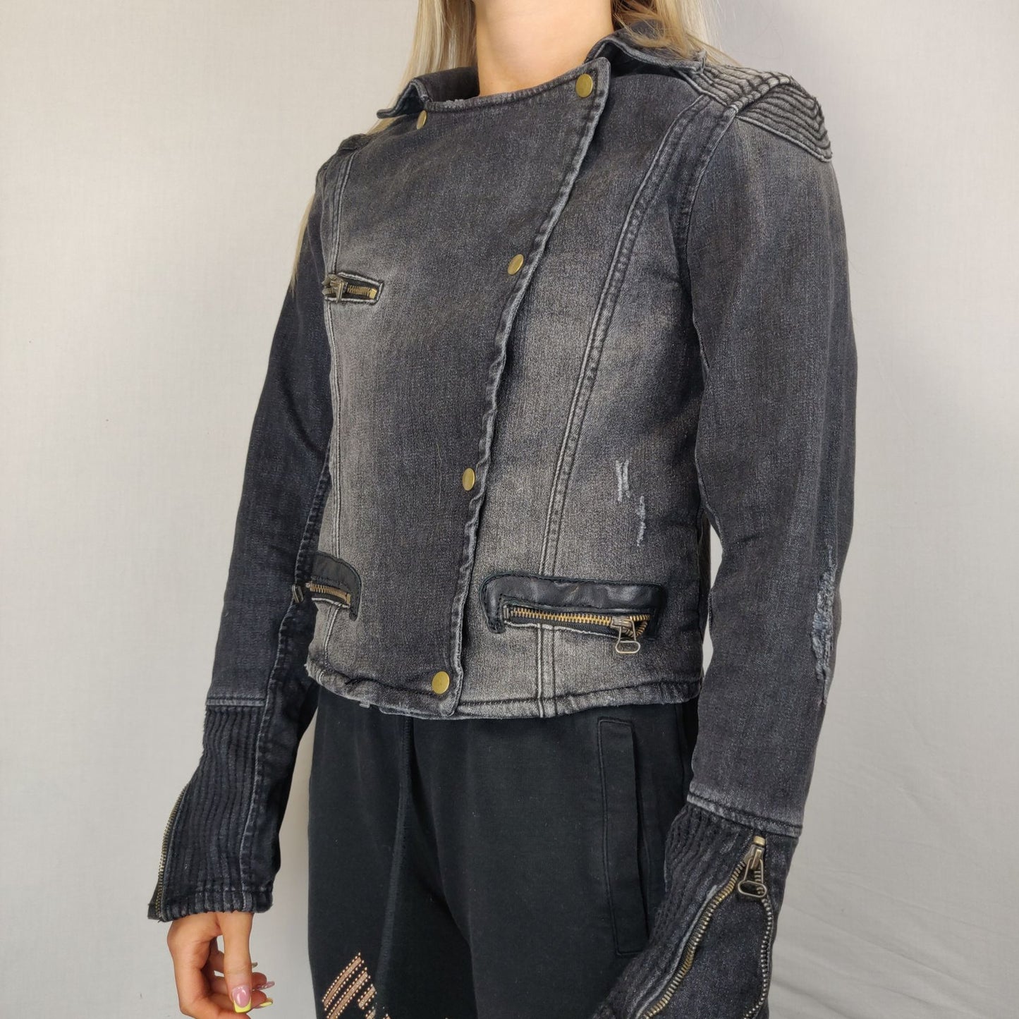 Sicko 19 Grey Basic Denim Jacket Long Sleeve Button Women Size Large