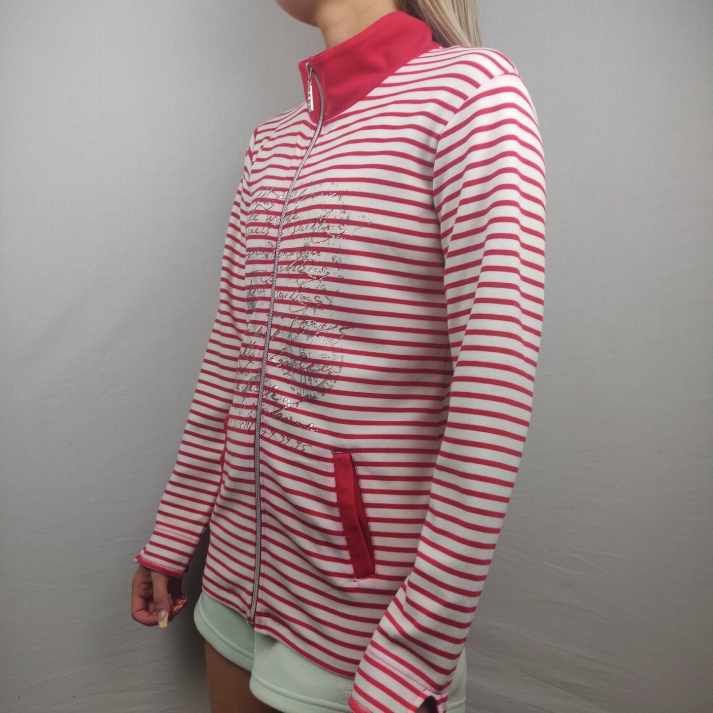 Kelly & Grace White Stripped Sweatshirt Full Zip Women Size Small