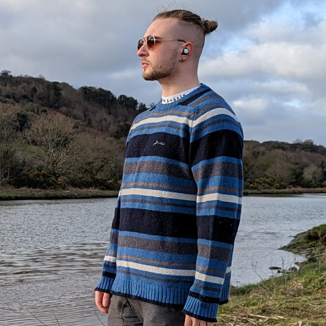 P.G Field Vintage Blue Stripped Crew Neck Wool Jumper Men Size Large