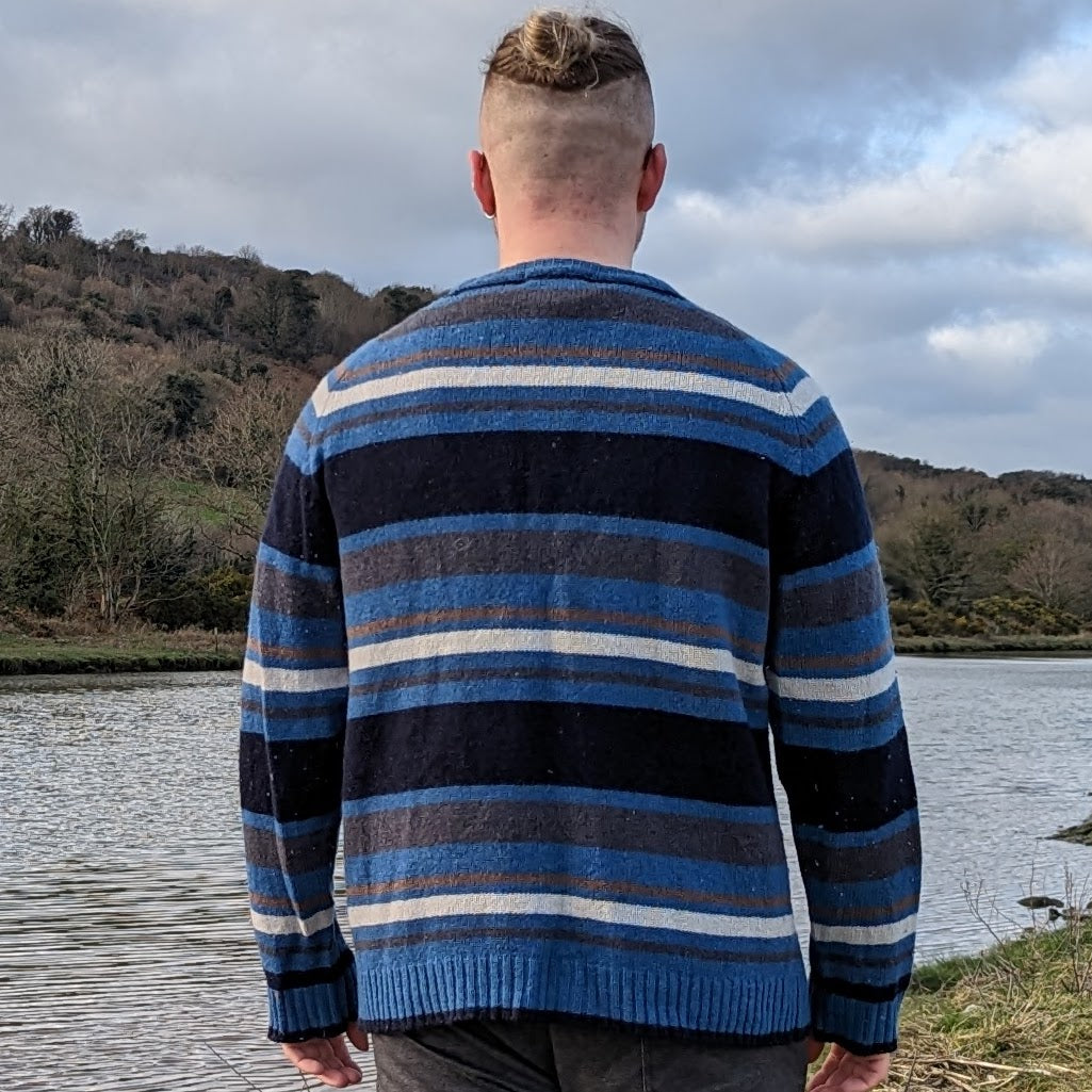 P.G Field Vintage Blue Stripped Crew Neck Wool Jumper Men Size Large