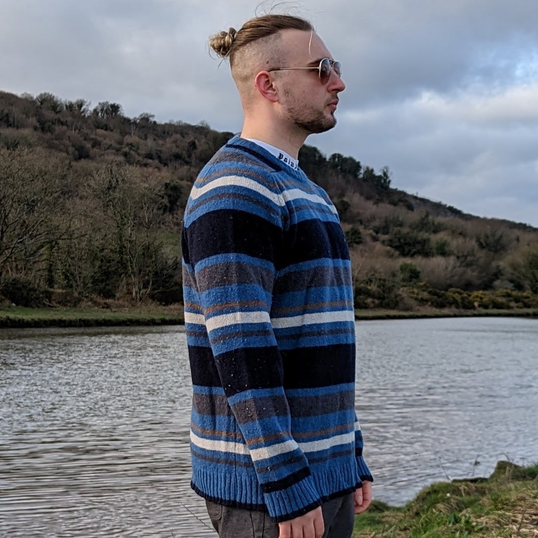 P.G Field Vintage Blue Stripped Crew Neck Wool Jumper Men Size Large