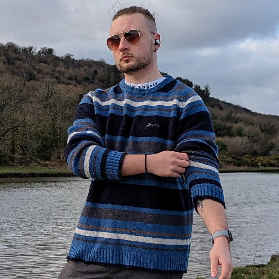 P.G Field Vintage Blue Stripped Crew Neck Wool Jumper Men Size Large
